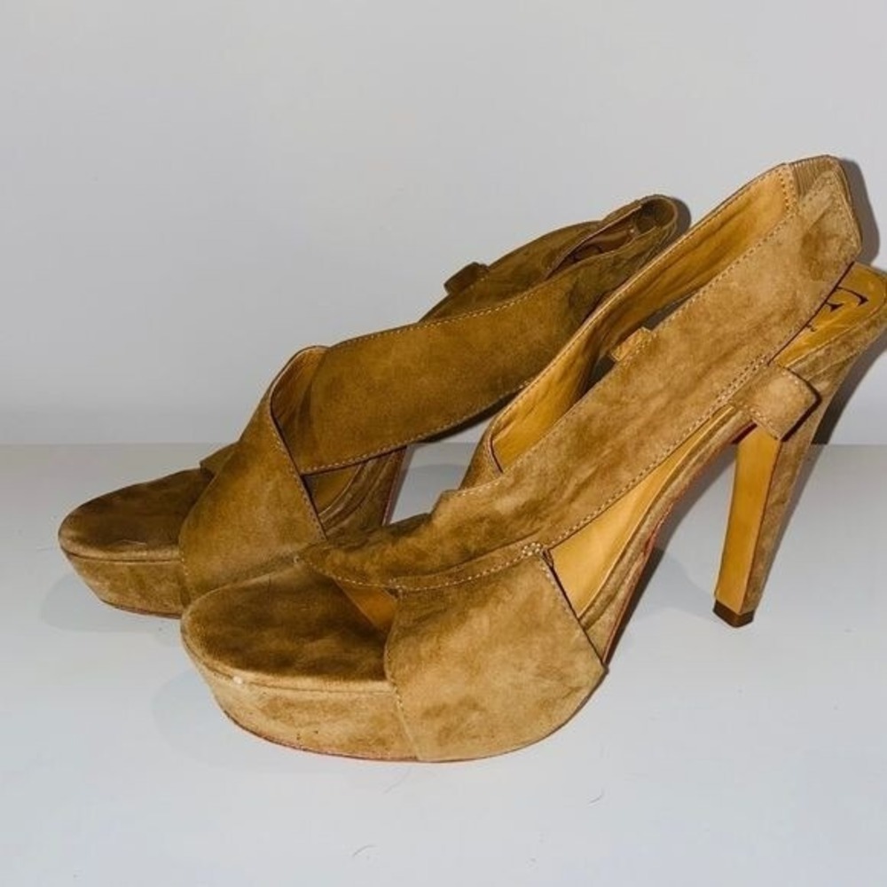 K1 DVF Diane Kon Furstenberg brown tan leather suede shoes pumps 8.5 high heels